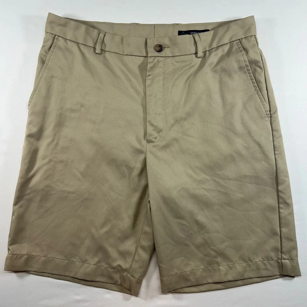 Greg Norman Mens Khaki Golf Shorts Size 34 Tan Flat Front Performance Polyester